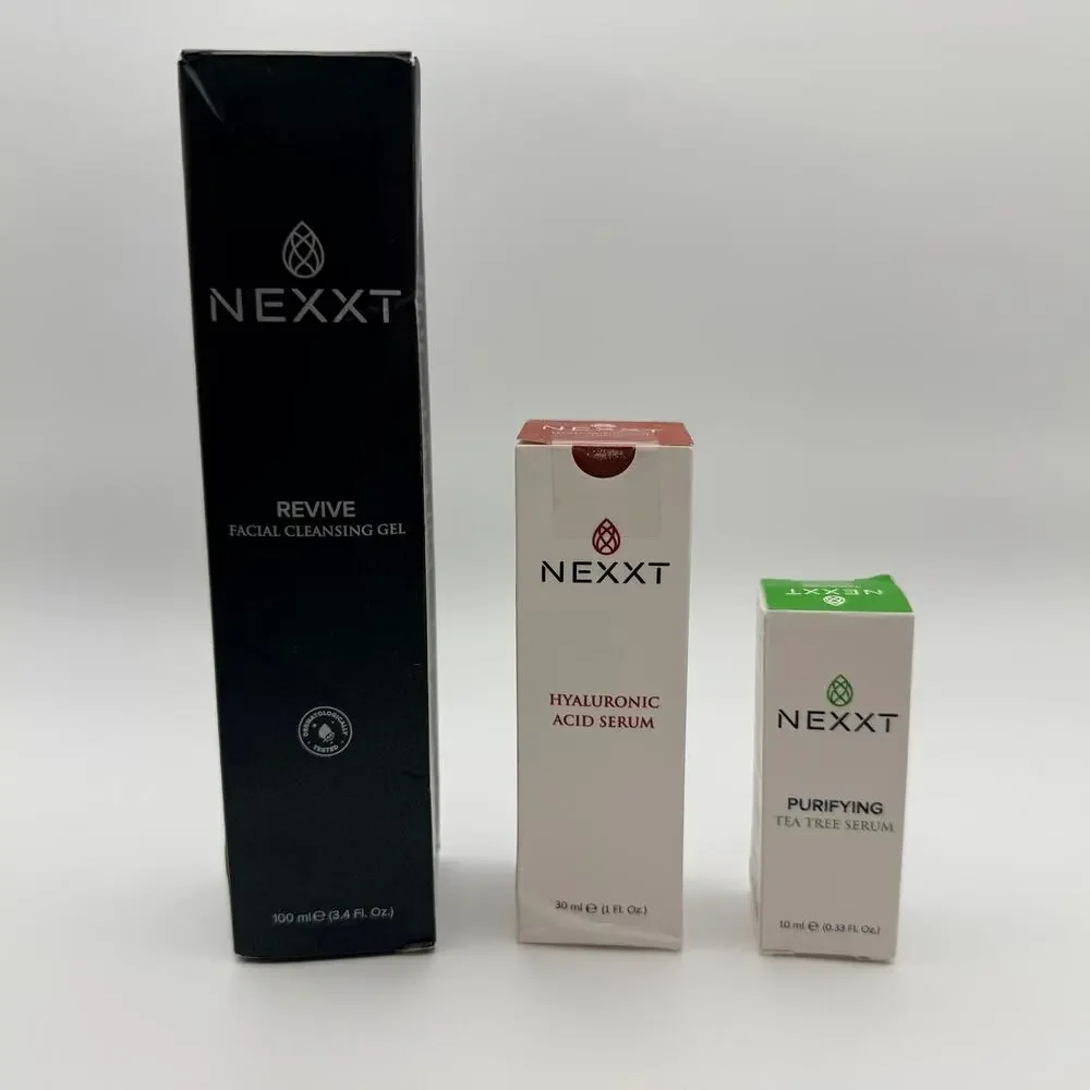 NEXXT Beauty 3 Piece Skincare Set Cleanser Hyaluronic Acid Tea Tree Serums